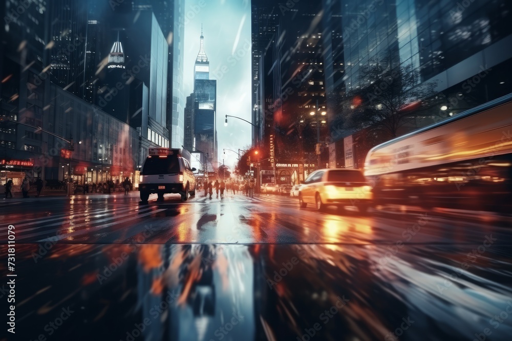 The blurred background of the night city, cars driving along the road, illuminated buildings and skyscrapers