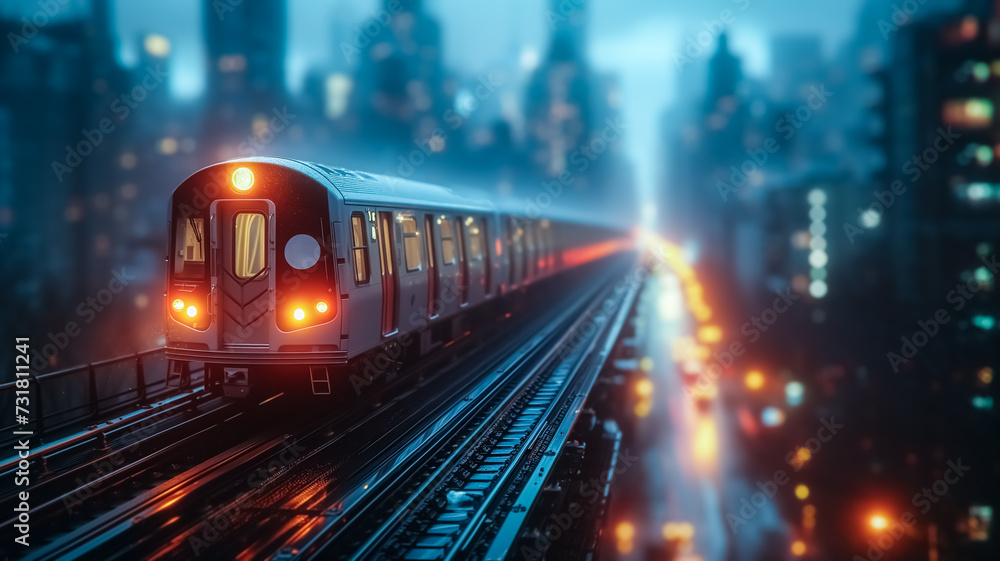 Cinematic image of subway outside run in the huge city from one station to another, aerial view of train through huge skyscrapers, cars and the city. Above the skyline, evening view. Cinematic image of subway outside run in the huge city from one station to another, aerial view of train through huge skyscrapers, cars and the city. Above the skyline, evening view.