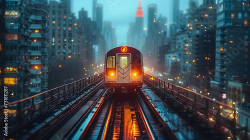 Cinematic image of subway outside run in the huge city from one station to another, aerial view of train through huge skyscrapers, cars and the city. Above the skyline, evening view.