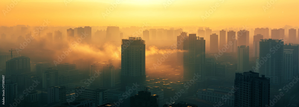 City enveloped in smog in the morning
