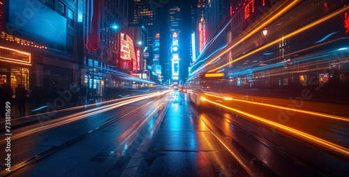 Long exposure of city cars and traffic, in the middle of highway of huge city with skyscrapers. Blue and yellow light trails and blurred lights speed motion blur background, night drive, city traffic