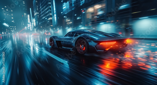 Long exposure of speeding super car in the middle of highway of huge city, night lights, car light trails and blurred lights, speed motion blur background, super fast car, modern transport, luxury 