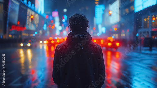 Man standing in the middle of the street, image of his back view, evening lights, blurred background, colored image, city traffic and car lights. photo