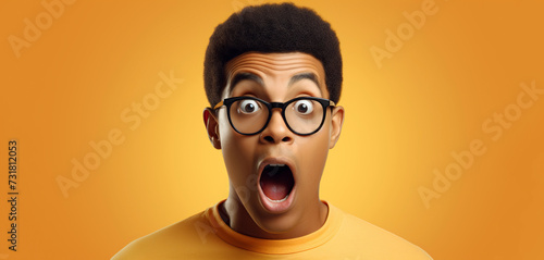 Portrait of teen boy with a surprised facial expression. Isolated on yellow background. Copy space.