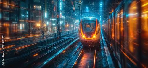Long exposure of speeding modern train in the railway station of huge city, light trails and blurred lights speed train blur background. photo