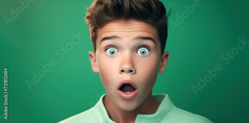 Portrait of teenage boy with a surprised facial expression. Isolated on green background. Copy space.