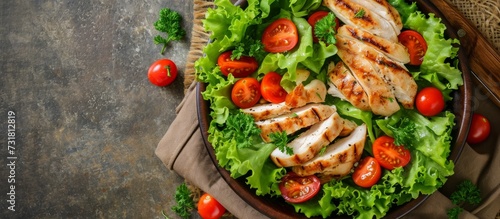 Lettuce, chicken, and cherry tomatoes on a rustic table with a napkin.