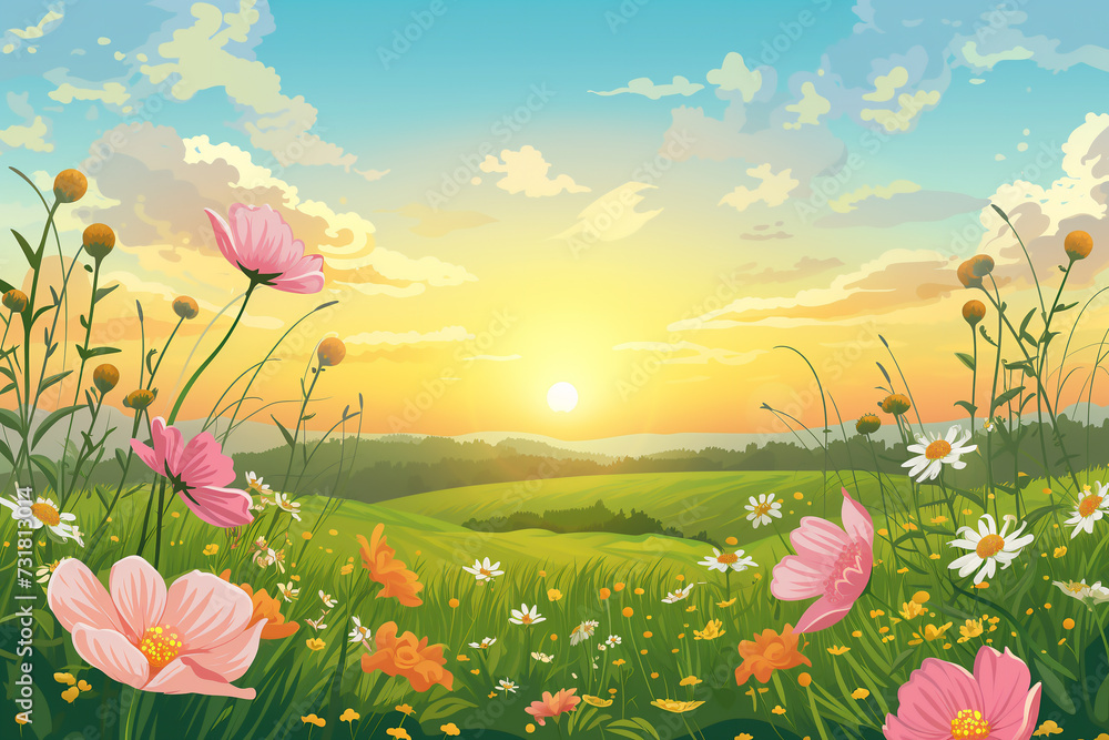 Obraz premium Cartoon meadow spring country meadow landscape background of a springtime green pasture field with a blue summer sky and fluffy summertime clouds, stock illustration image