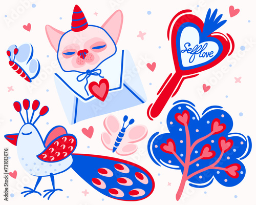 Selflove set. Bright vector collection of cute elements. Little dog with gift, cheerful peacock, heart-shaped mirror, tree with hearts, butterflies. Love concept. Vector isolated illustration.