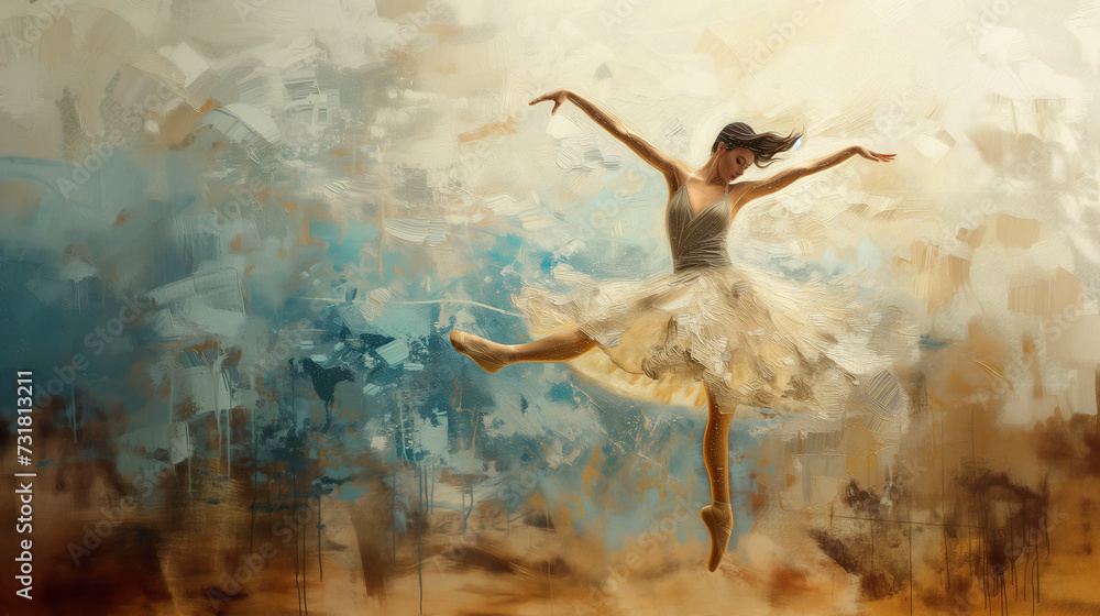 Abstract vintage distressed watercolour painting of a female ballerina dancer wearing a delicate ballet dress while dancing at stage performance, stock illustration image - obrazy, fototapety, plakaty 