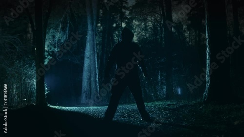 An ominous male silhouette in a night foggy forest. A scary figure from horror films stands menacingly on a forest path in the dark. photo