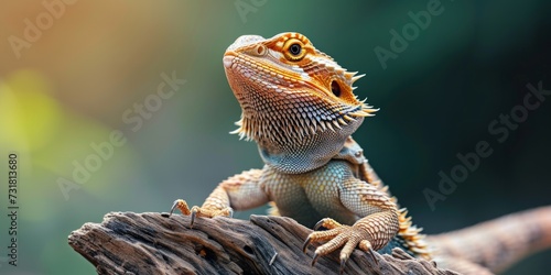 Bearded Dragon, Pogona Vitticeps, With Scaly Golden Gaze Stands Solo. Сoncept Exotic Reptiles, Bearded Dragon Photography, Golden Gaze Captured, Solo Pogona Vitticeps, Scaly Beauty photo