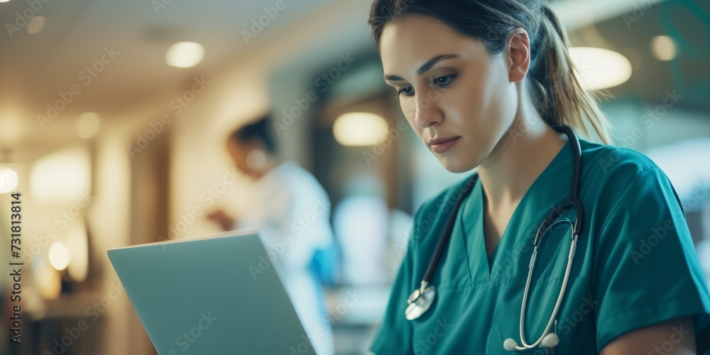 Focused Nurse In Scrubs Examines Medical Records On Laptop. Сoncept Nurse In Scrubs, Medical Records, Laptop, Focused Examination Focused Nurse In Scrubs Examines Medical Records On Laptop. Сoncept Nurse In Scrubs, Medical Records, Laptop, Focused Examination