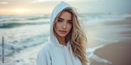 Stylish Blonde Woman In White, Oversized Hoodie At The Beach. Сoncept Beach Fashion, Blonde Beauty, Stylish In White, Oversized Hoodie Chic photo