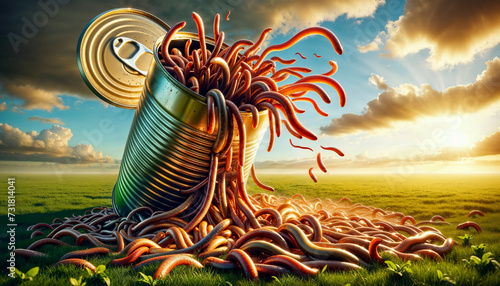 Opening a Can of Worms - tin can spilling out tangle of worms onto a lush field with dramatic sunset in the background photo