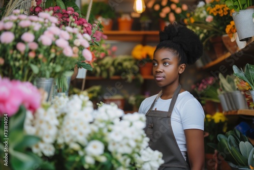 Young Black Woman Lovingly Tends To Her Flourishing Flower Shop. Сoncept Flower Shop Owner, Black Woman Entrepreneur, Gardening Passion, Floral Arrangements, Flourishing Business