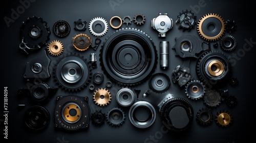 Creative workspace: professional photographers and retouchers gear arranged in stylish border frame on abstract black background - royalty-free stock image