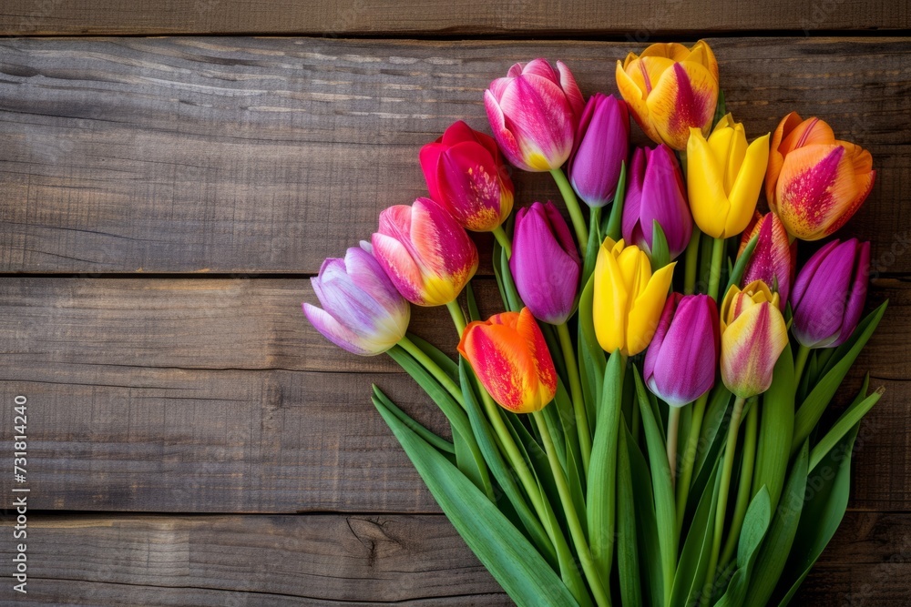 Bouquet Of Colorful Tulips Artistically Arranged On Rustic Wooden Background. Сoncept Floral Still Life, Rustic Charm, Artistic Tulip Arrangement, Colorful Bouquet, Nature-Inspired Photography