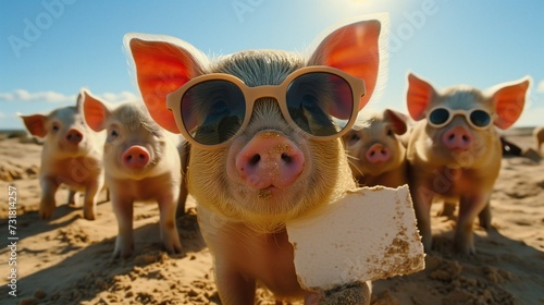 funny piglets on the beach photo