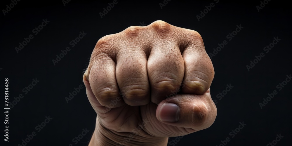 Closeup Of Determined Male Fist On Black Backdrop, Evoking Strength And Motivation. Сoncept Closeup Photography, Determination, Strength, Motivation, Black Backdrop