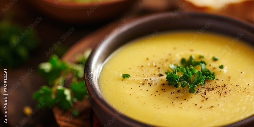 Closeup Of Corn Soup In Rustic Setting, With Blurred Background. Сoncept Cozy Fall Vibes, Comfort Foods, Homemade Delights, Rustic Food Photography