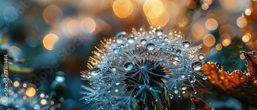 Macro photography of dandelion seeds with glistening water droplets, showcasing nature's intricate beauty and patterns