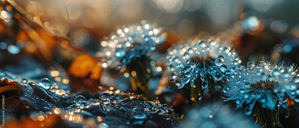 Macro shot of dew-covered dandelions backlit by the warm glow of the sunrise, creating a bokeh effect Macro shot of dew-covered dandelions backlit by the warm glow of the sunrise, creating a bokeh effect