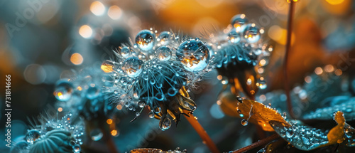 Macro shot of dew-covered dandelions backlit by the warm glow of the sunrise, creating a bokeh effect © Lidok_L