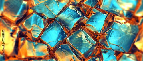 A vibrant close-up of glass-like textures with golden and turquoise hues, resembling ice or mineral formations
