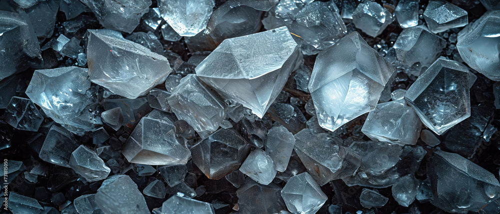 A close-up view of glass-like minerals, resembling ice or quartz - obrazy, fototapety, plakaty 