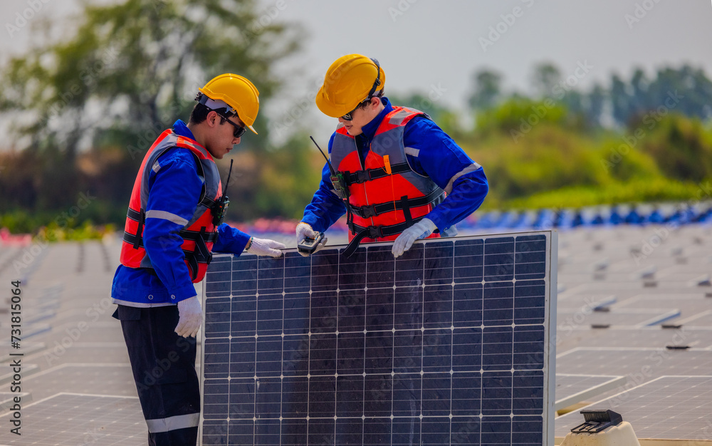 Technicians check floating solar farm wiring, polarity, and grounding for reliability and safety Technicians check floating solar farm wiring, polarity, and grounding for reliability and safety