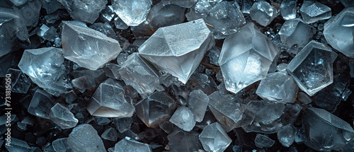 A close-up view of glass-like minerals, resembling ice or quartz