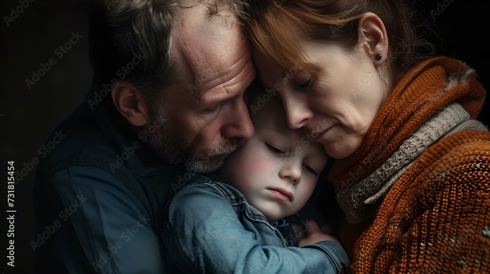 Tender family moment with child embraced by parents in a warm hug. intimate portrait, emotional connection. AI Tender family moment with child embraced by parents in a warm hug. intimate portrait, emotional connection. AI