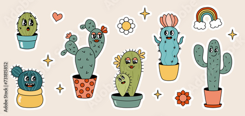 Sticker set of cute groovy cactus cartoon characters trendy retro style. Houseplants character with funny faces.