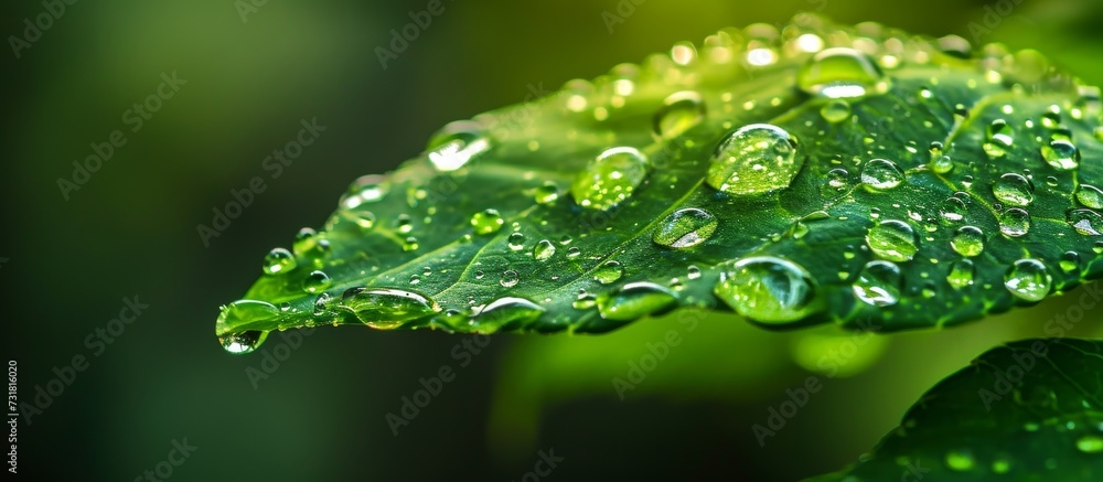 A macro photography capturing the beauty of a green leaf with water drops, showcasing the moist and dew-filled essence of a terrestrial plant.