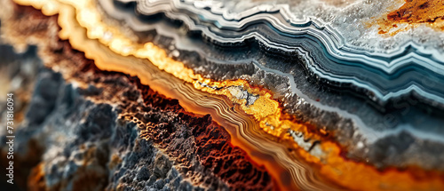 The intricate layers of an agate stone with striking color contrasts photo