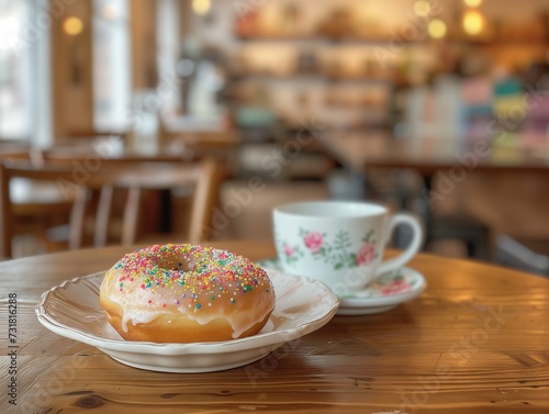 colorful frosted sprinkle donut is served alongside a steaming cup of coffee on a wooden table, bathed in the warm hues of morning sunlight filtering through a cozy café window.