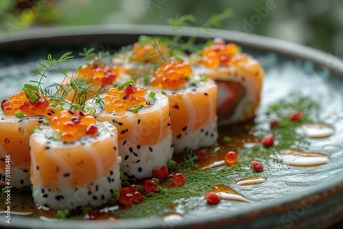 row of salmon sushi rolls, topped with bright orange roe and green herbs, is presented on a textured ceramic plate, ready to be enjoyed.
