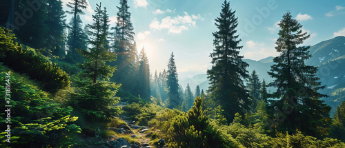 A lush alpine forest with sunbeams and a mountain backdrop