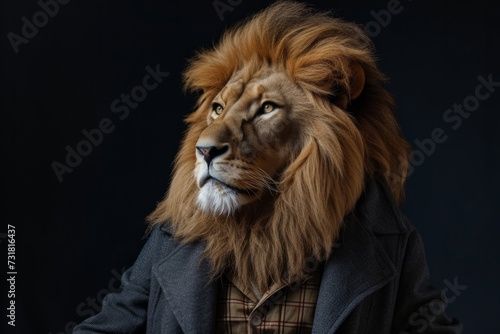 Cool Looking Lion In Fashionable Clothes On Black With Copy Of The Space.   oncept Evolution Of Fashion  Astral Lion  Fashion In Space  Majestic Beast  Cosmic Couture