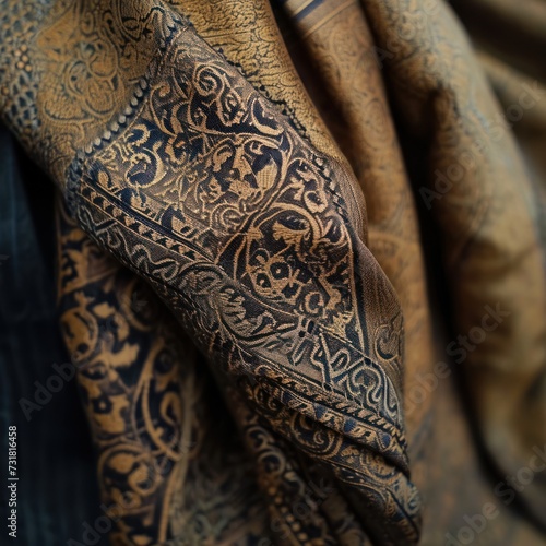 The texture of the flexible material is made from woven fine Islamic cotton threads with Arabic calligraphy patterns that have religious art made from natural or synthetic fibers. Generative Ai
