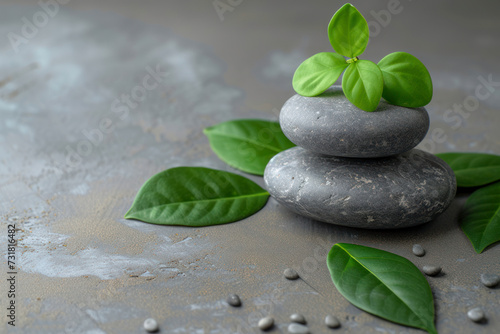 Spa stones and leaves on grey background.