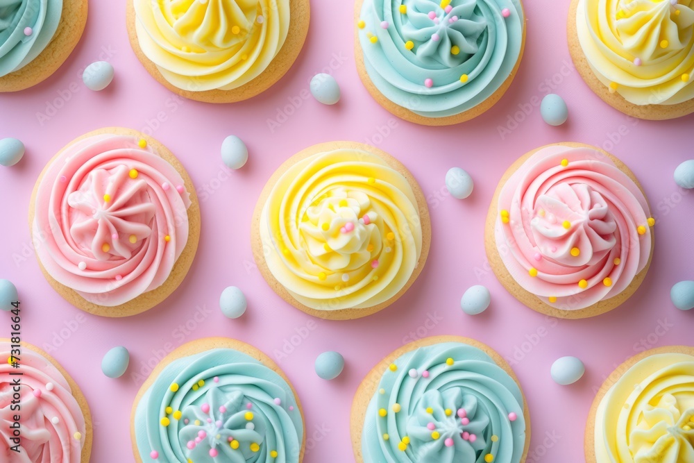 Obraz premium Delicious Easter Cookies Adorned With Vibrant Frosting Decorations, Against Pastel Backdrop. Сoncept Rustic Wedding In A Barn, Romantic Sunset Engagement Shoot, Adventure-Filled Hiking Elopement