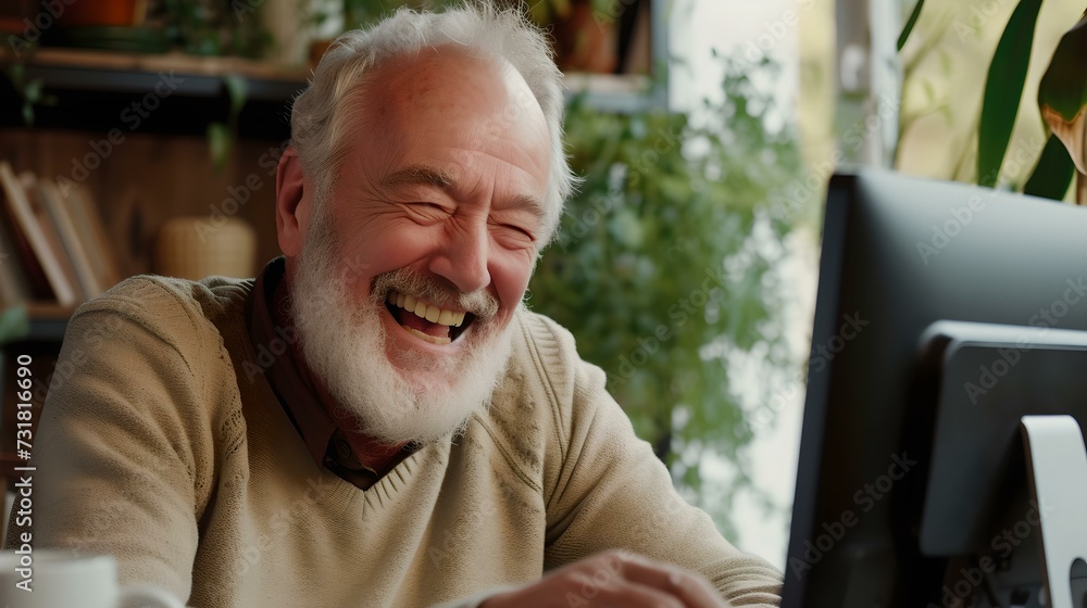 Joyful senior man laughing while using computer at home. casual style, candid emotions, everyday life moment captured. indoor, happiness concept. AI Joyful senior man laughing while using computer at home. casual style, candid emotions, everyday life moment captured. indoor, happiness concept. AI