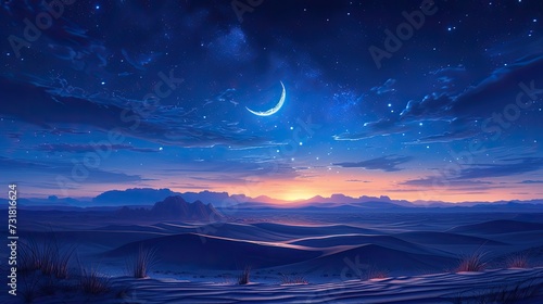 Desert Enchantment Crescent Moon's Glow in a Mesmeric Night Landscape