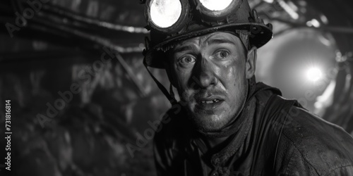 Dirtyfaced Miner Wearing Helmet And Goggles Working In An Underground Mine. Сoncept Underground Mining, Protective Gear, Dirty Work, Hard Hats, Grit And Goggles photo