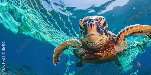 Divers Rescue Trapped Turtle From Underwater Fishing Net  Highlighting Environmental Impact.   oncept Climate Change And Its Effects  Wildlife Conservation Efforts  Sustainable Fishing Practices
