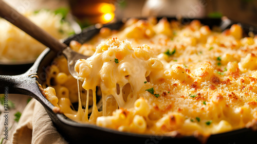 close up of a cheesy mac and cheese with a cheese pull