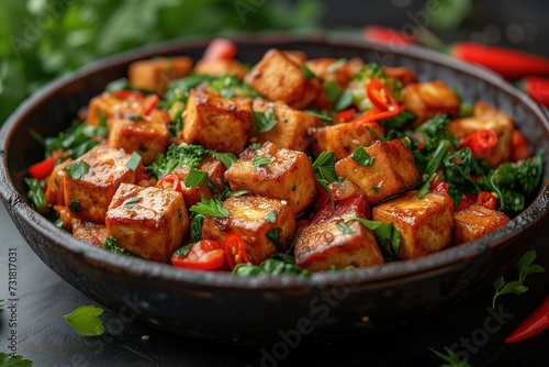 close-up shot of a flavorful tofu stir-fry, richly seasoned with herbs and chili peppers, presented in a rustic cast iron skillet.