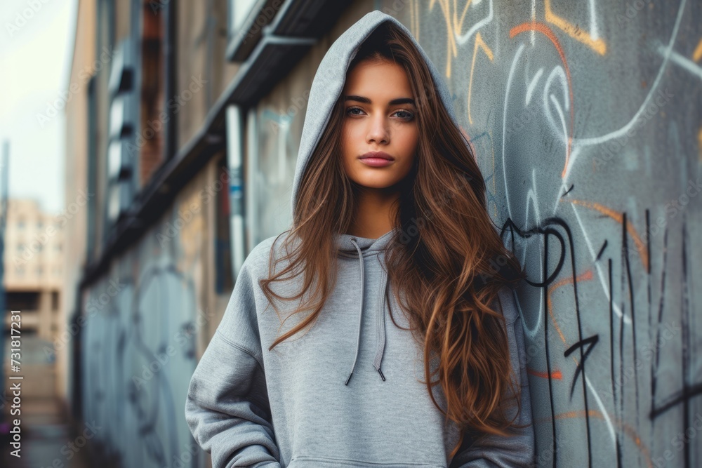 Fashionable Woman Wearing Hoodie On Urban Backdrop, Perfect For Logo Printing. Сoncept Urban Street Style, Fashion Hoodie, Logo Printing, Edgy Fashion, Urban Backdrop Fashionable Woman Wearing Hoodie On Urban Backdrop, Perfect For Logo Printing. Сoncept Urban Street Style, Fashion Hoodie, Logo Printing, Edgy Fashion, Urban Backdrop